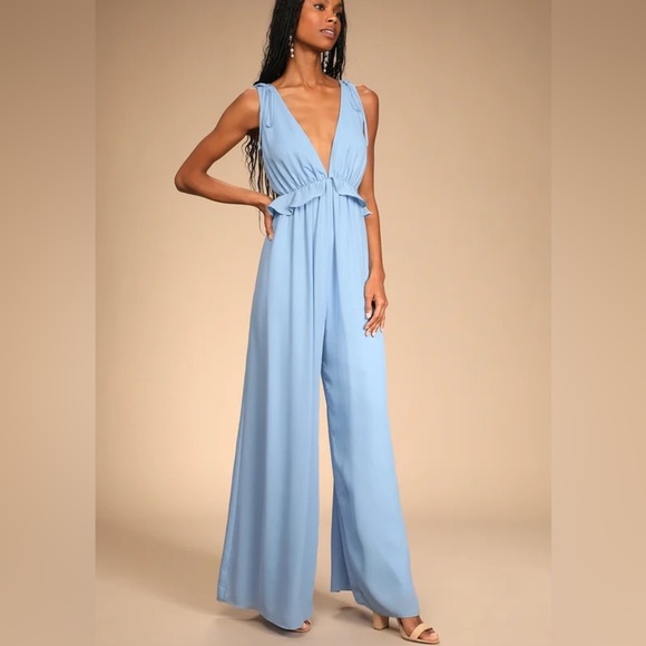 Lulus Pants - Lulus baby blue wide leg ruffled jumpsuit romper